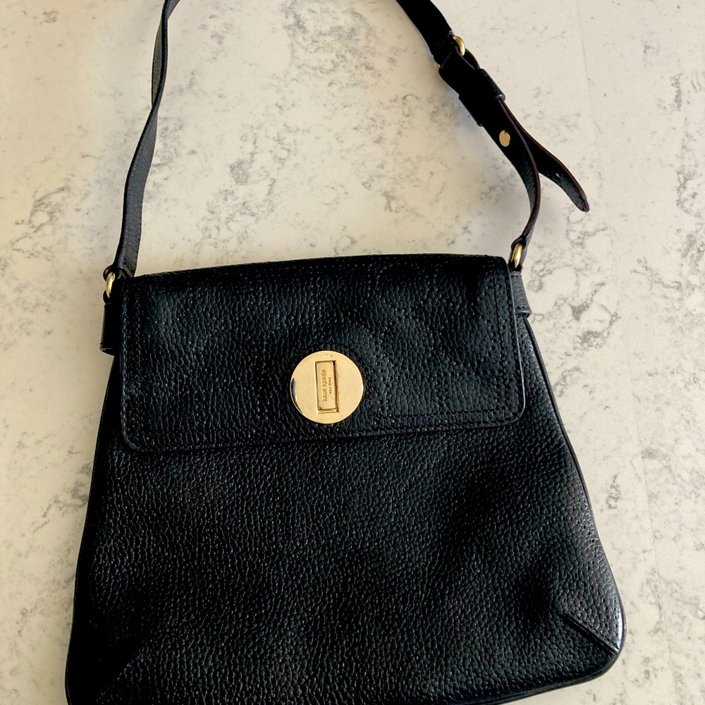 Kate Spade ♠️ perforated black logo flap shoulder bag with gold turn closure